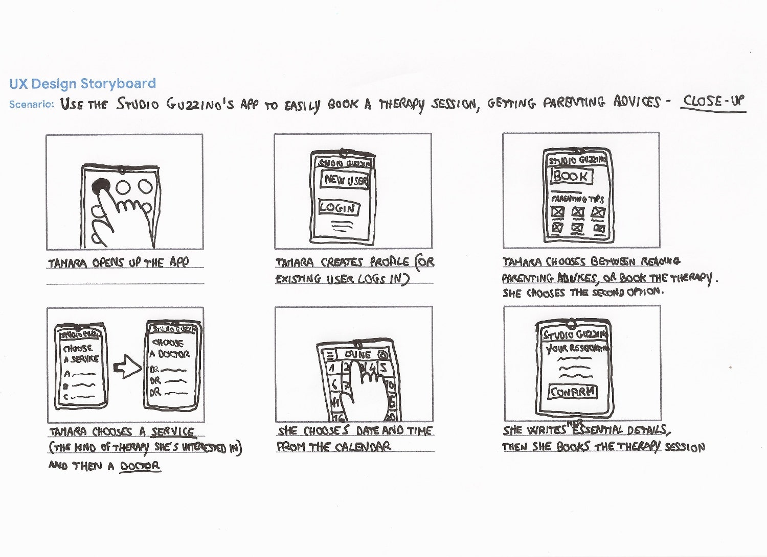 Six close-up storyboard for Studio Guzzino's app